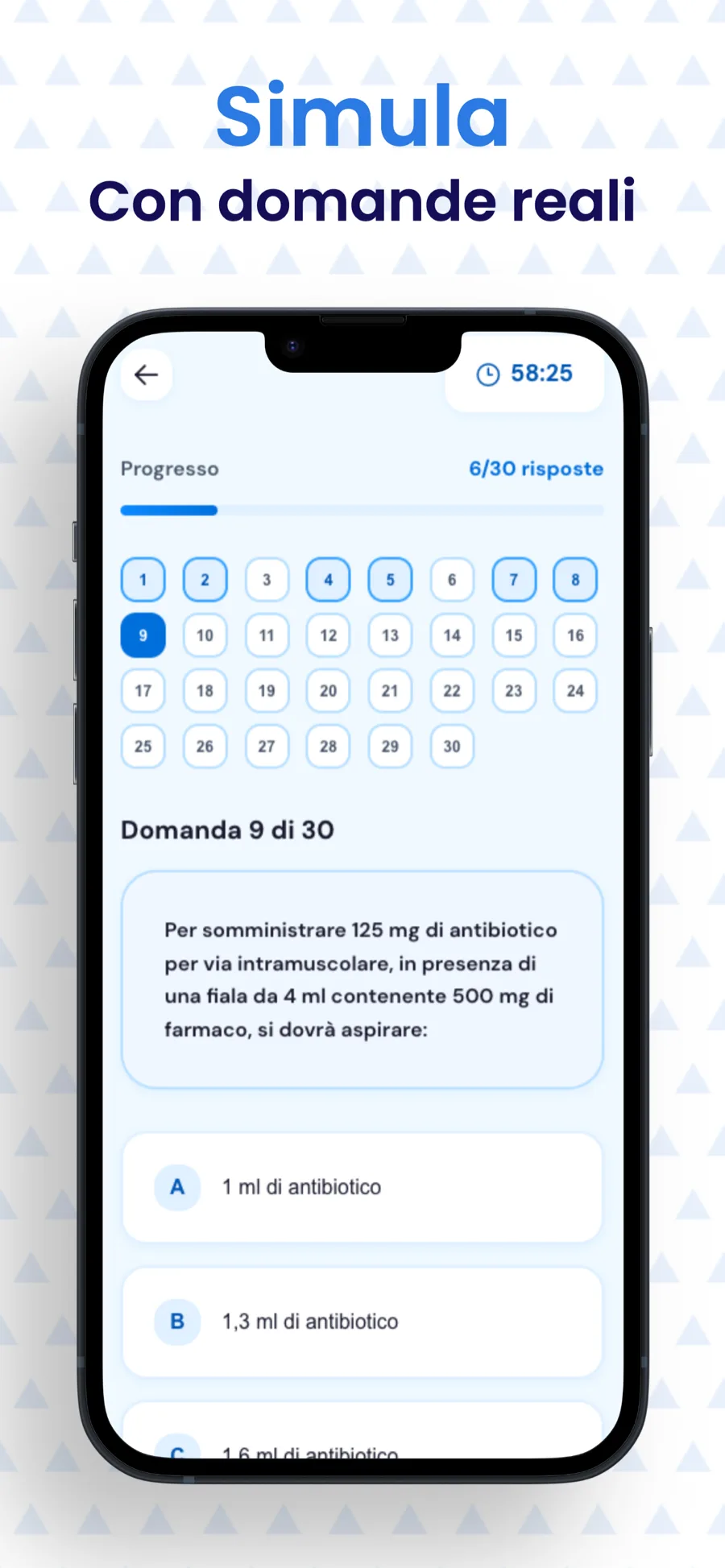 Simulazione d'esame in corso: timer, avanzamento sulle 30 domande e domanda a risposta multipla