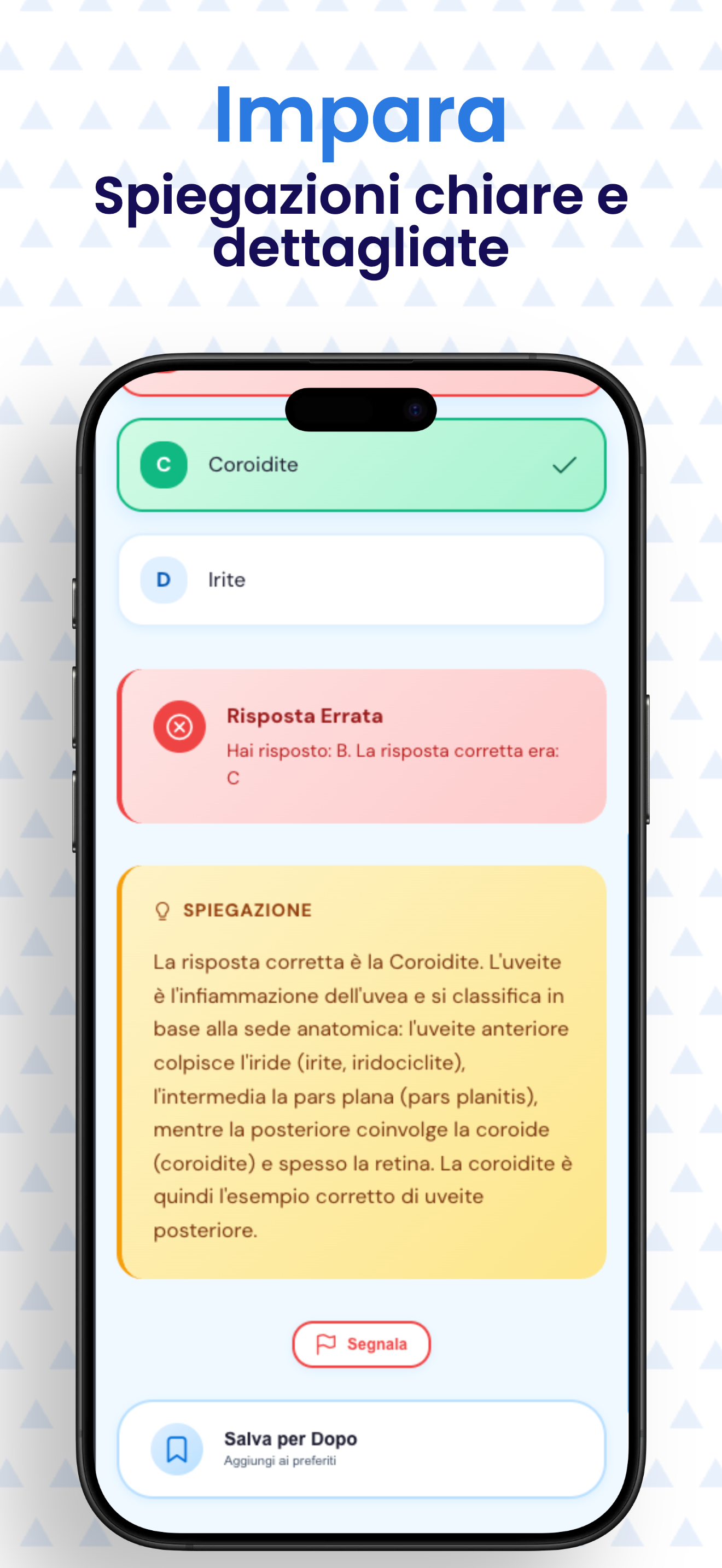 Schermata sezione ripasso con domande salvate